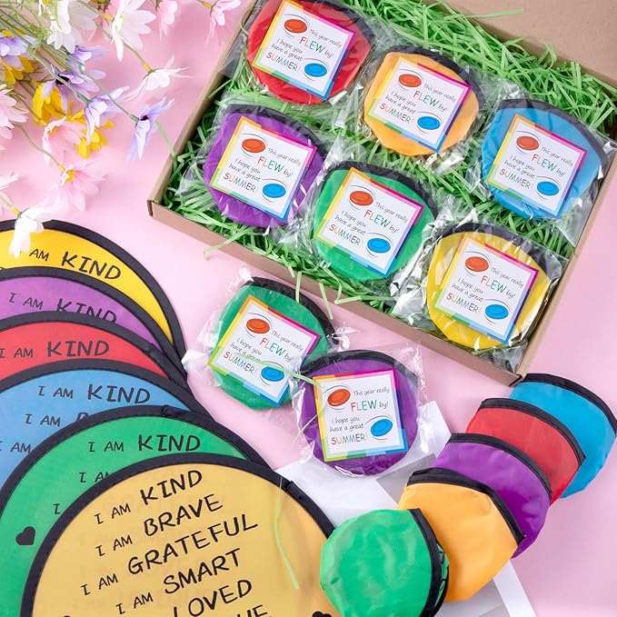 End of the Year Gifts for Students Bulk Foldable Flying Disc Fans Set with Stickers Bags, End of Year Student Gifts from Teacher Beach Fun Folding Pocket Hand Fans for Outdoor Activities Games