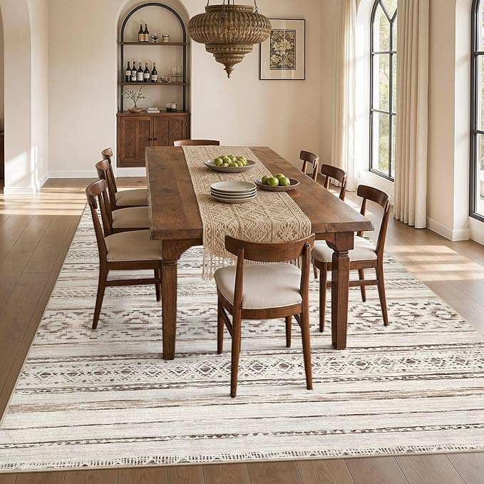 cotiled 6x9 Area Rugs Living Room Rug: Washable Boho Rugs with Non Slip Backing Large Soft Indoor Stain Resistant Carpet for Bedroom Farmhouse Dining Room Lightweight Home Decor Cream Brown