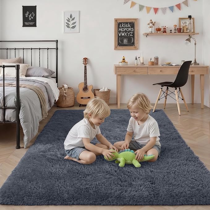 Fluffy Area Rugs 9x12 Living Room Bedroom: Ultra Soft Shag Rug Upgrade Non-Slip Non-Shedding Large Fuzzy Plush Carpet Indoor Floor Carpets for Kids Room Playroom Nursery Dorms Home Decor Grey