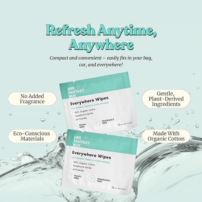 Her Fantasy Box | Everywhere Wipes – 100% Organic Cotton, Gentle & Refreshing, pH-Balanced, Fragrance-Free, Plant-Powered for Body, Face & Intimate Areas, Ideal for Sensitive Skin - 2 Pack, 30 Wipes