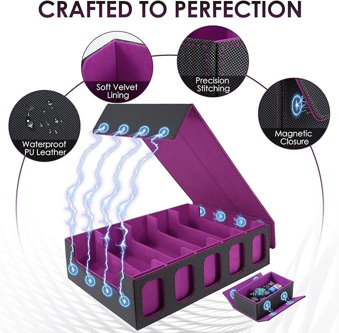 Trading Card Storage Box with Commander Display, 5-Row Deck Case with Removable Lid, 4000+ MTG Deck Box with 48 Colorful Divider, 5 Magnetic Card Holders, 5 Stoppers, Dice Tray(Black Purple)