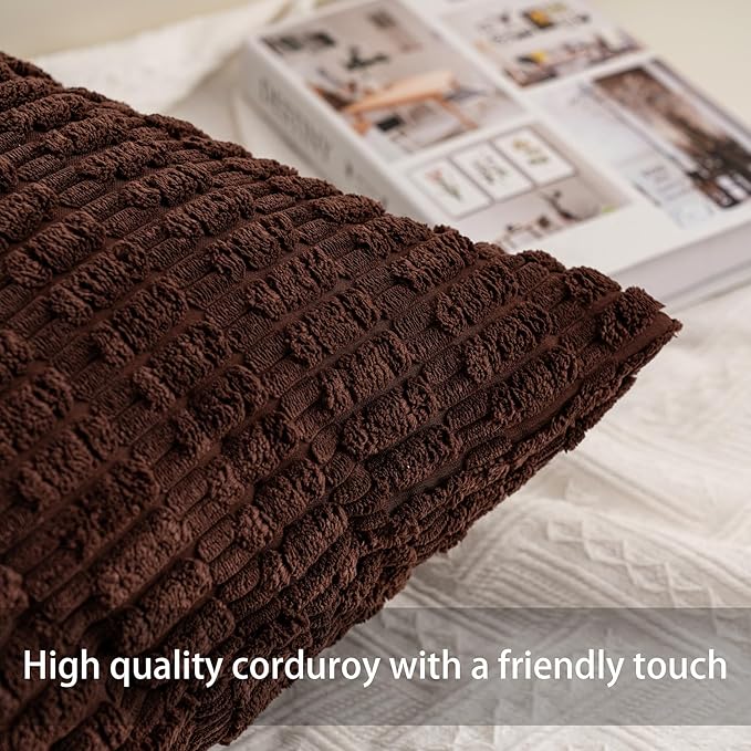 Pack of 2 Corduroy Decorative Throw Pillow Covers 18x18 Inch, Dark Brown | Fall Soft Striped Pillow Covers Modern Farmhouse Home Decor Christmas Throw Pillow Covers for Sofa Living Room Couch Bed