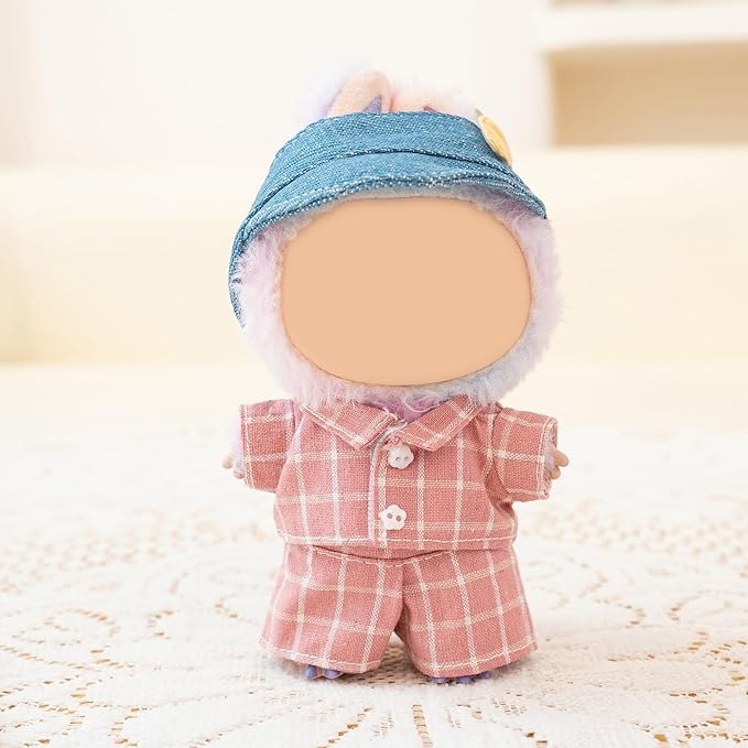 Clothes for Labubu Doll,6.7 Inch Doll Clothing Set - 3 Pieces of Handmade Clothes and Accessories for 17cm Plush Toys - Pink Plaid Shirt + Shorts + Carrot Baseball Cap