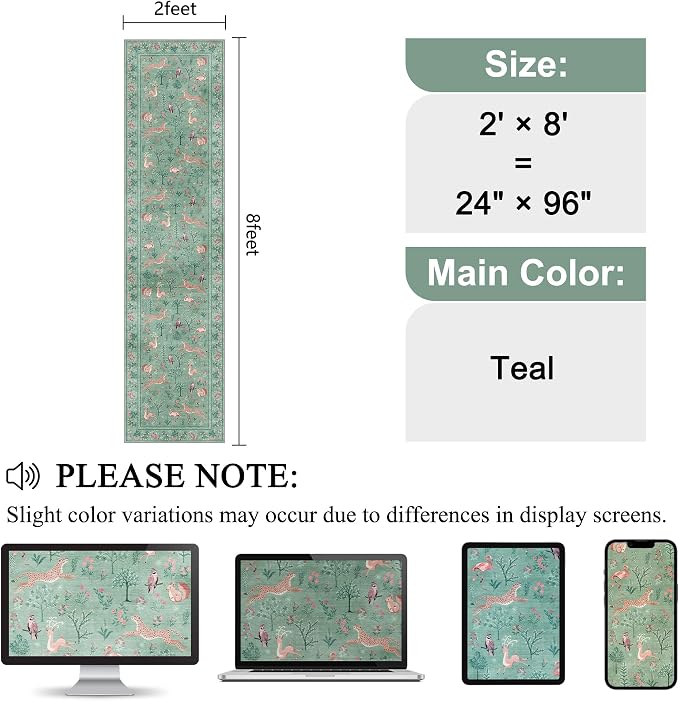 DUKINO 2x8 Washable Runner Rug, Non Slip Animal Kitchen Runner Rug, Teal | Soft, Low Pile, Non-Shedding Indoor Carpet Runner for Hallway, Entryway, Bedroom, Bathroom, Pet Friendly, Stain Resistant
