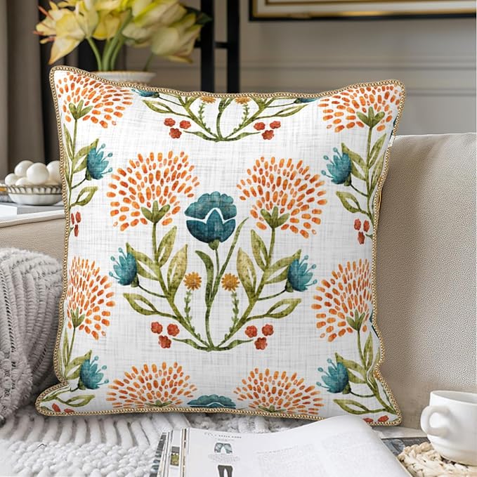 KSLIDS Floral Leaf Soft Velvet Throw Pillow Covers Set of 2 Orange Flowers Sage Green Leaves Decorative Pillow Covers 20x20 Inch Farmhouse Pillow Case for Sofa Couch Living Room Home Decor