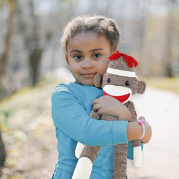 Plushland Brown Original Sock Monkey, Adorable Hand Knitted Stuffed Animal Toy Gift-for Kids, Babies, Teens, Girls and Boys Baby Doll Present Puppet 20 Inches