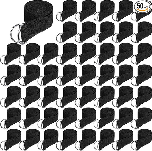 Jerify 50 Pcs Yoga Strap for Stretching Bulk 6ft Exercise Stretch Band with Metal D Ring Adjustable Pilates Non Elastic Yoga Belt for Women Men Physical Fitness Gym Workout Dance (Black)