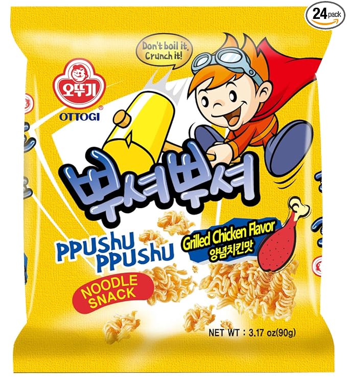 OTOKI Ppushu Ppushu Noodle Snack Grilled Chicken Flavor, Korean Ramen Snack, Crush to Eat, 90g, 24 Pack
