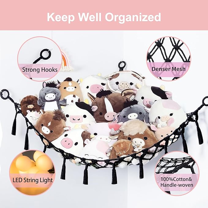 Stuffed Animal Net or Hammock with Light,Yewiwin Macrame Hanging Net Hammock for Stuffed Animal Toy Storage Organizer Boho Decor Room Holder for Nursery Play Room Bedroom (Black(55"*55"*72"))
