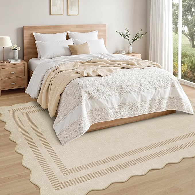Washable Rug 5x7 Area Rugs for Living Room, Solid Khaki Rug Non Slip Scalloped Throw Mat with Rubber Back, Soft Low Pile Carpet for Dining Room Bedroom Dorm Nursery