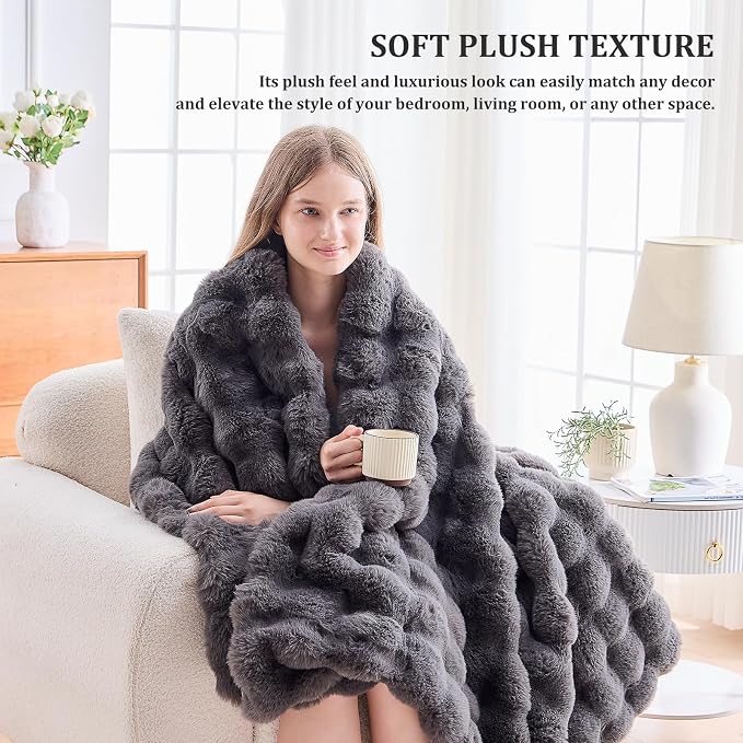 Faux Fur Throw Blanket for Couch, 1000 GSM Cozy Fuzzy Fluffy Soft Plush Thick Bubble Sherpa Blanket for Sofa Bedroom Living Room, Mothers Day Birthday Gifts for Women Home Decor