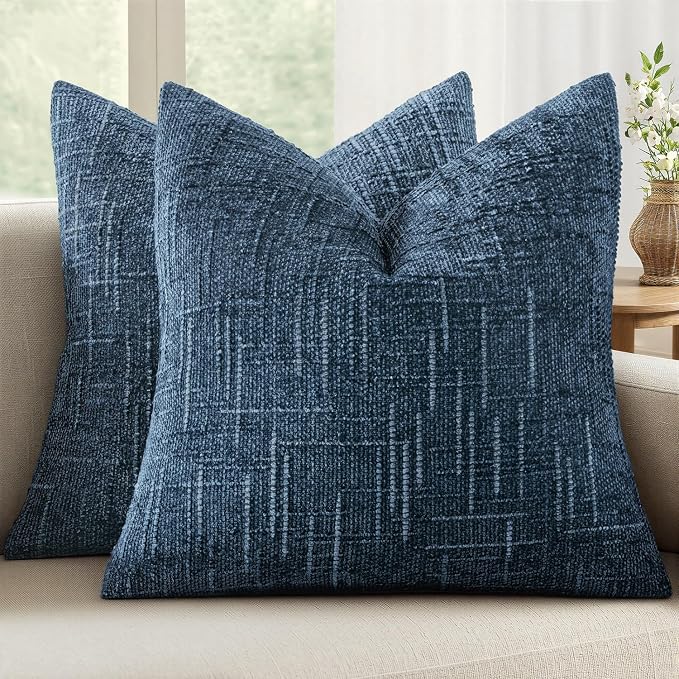 MIULEE Chenille Textured Throw Pillow Covers Blue Ashes 18x18 Set of 2 | Slubby Decorative Pillows, Boho Farmhouse Coastal Decor, Modern Neutral Cushion Covers for Couch Sofa Bed Living Room