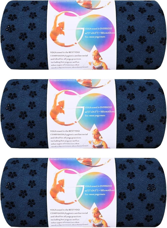 3 Pack Hot Yoga Towels with Plum Blossom Grip Dots, Non Slip Yoga Mat Towel, Super Absorbent Soft Suede Microfiber Mat Cover for Hot Yoga, Pilates, Bikram & Workout, 24" x 72", Navy Blue