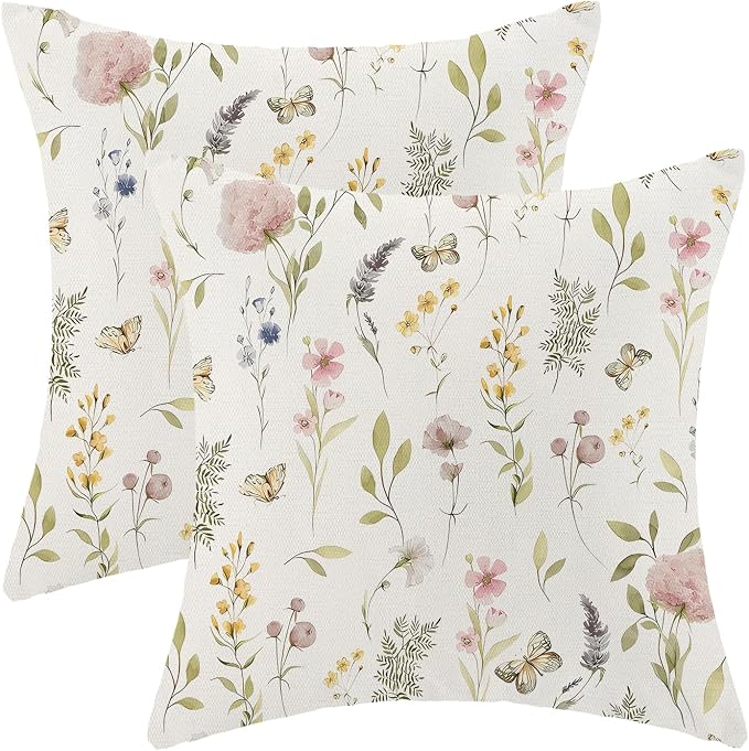 Spring Pillow Covers 22x22 Inch Set of 2, Sage Green Pink Wild Flower Throw Pillows Case,Colorful Seasonal Floral Plant Outdoor Decorative Farmhouse Decor Cushion Covers for Home Sofa Bed Couch