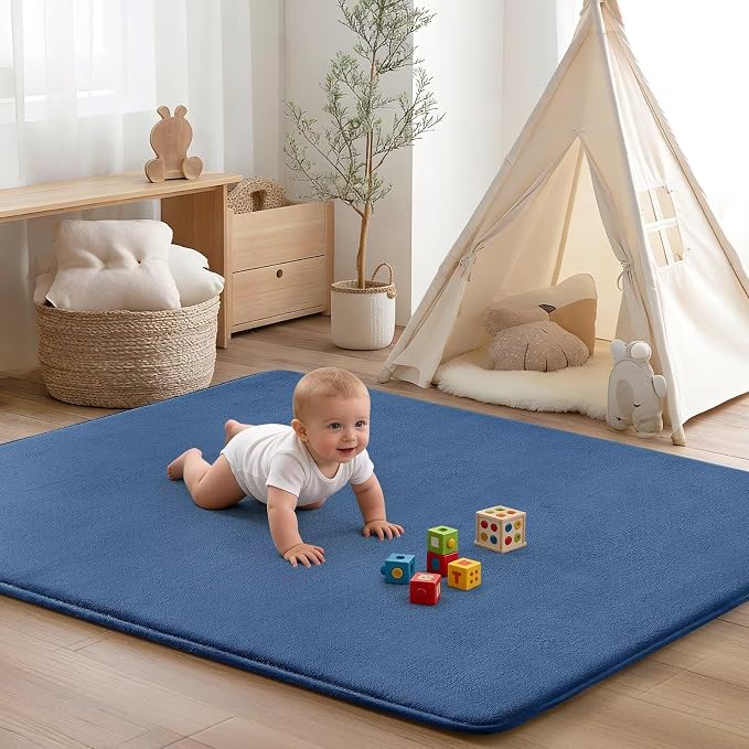 Baby Play Mat for Floor,Ultra Thick Elastic Foam 59"x79" Playmat Tummy Time Muscle Crawling Exercise Activity Cushion Gym Mat Nursery Playroom Area Kids Rug for Babies, Toddlers,Infants,Navy Blue