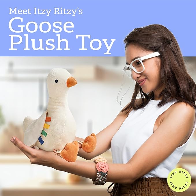 Itzy Ritzy Snuggles Plush Toy – Soft Stuffed Animal for Babies, Kids & Adults – Sensory Ribbons & Textured Fabrics for Tactile Play – Cozy & Cuddly Companion for Newborns & Up (Goose)