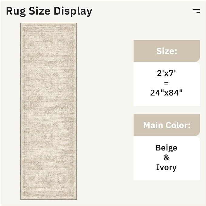 Soalmost Runner Rug 2x7 Washable Non-Slip Hallway Rugs for Kitchen Beige | Low-Pile Vintage Runners for Bathroom Laundry Room, Foldable Floor Carpet Mat for Entryway Corridor Bedroom