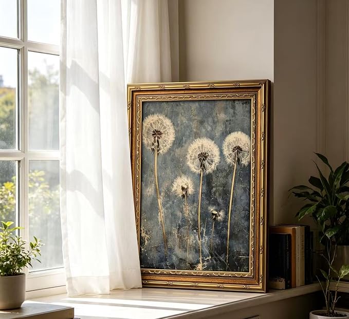 Vintage Gold Framed Dandelion Wall Art Moody Cottagecore Dandelion Painting Canvas Print Gothic Dark Plant Print Poster Wall Decor Retro Moody Plant Floral Poster Artwork for Bedroom Living room