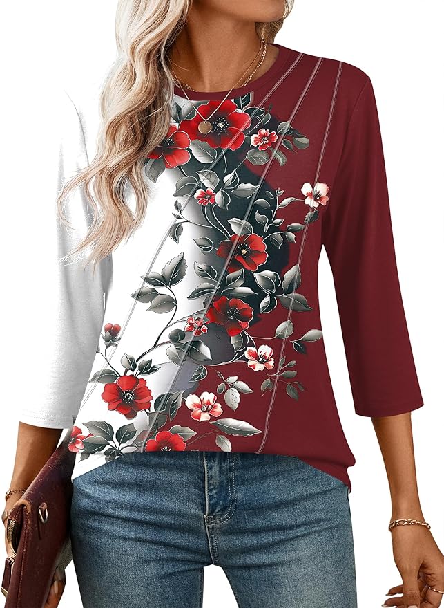 LOMON 3/4 Length Sleeve Womens Tops Spring Summer Fashion 2026 Tops Crew Neck Pleated Shirts Tunic Top Loose Fit