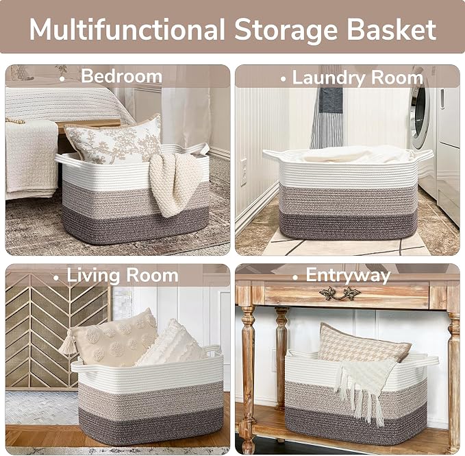 Goodpick Large Woven Rope Blanket Basket, Rectangle, White Brown | 21.6'' x 14.9'' x 11.8'' Storage Basket for Blankets & Toys, Living Room, Bedroom & Nursery Organization, Reinforced Handles