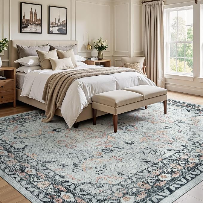 9x12 Area Rugs for Living Room, Washable Non-Slip Large Rugs, Grey/Blush | Soft Area Rug for Bedroom Dining Room Home Office Indoor Nursery, Stain Resistant, Low Pile, Vintage Distressed Rug