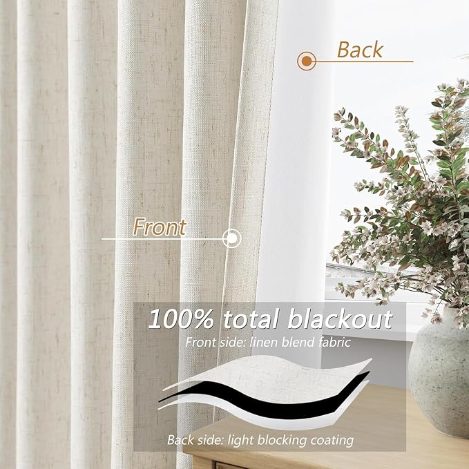 Guken Extra Wide 100% Blackout Linen Curtains for Bedroom 102 Inch Long Natural Cream Black Out Curtain Back Tab Room Darkening Window Drapes for Living Room 1 Panel Beige Ivory 100x102
