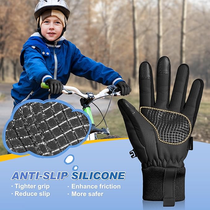 Sukeen Kids Winter Warm Gloves for Boys Girls Windproof PU Cold Weather Gloves Aged 4-14 Anti-Slip Gloves for Cycling Outdoor