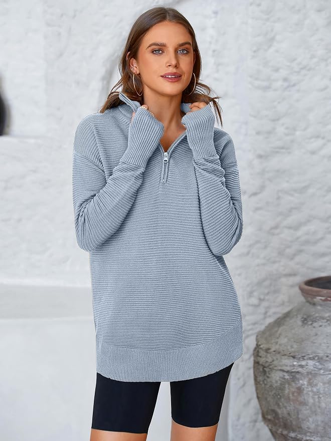 PRETTYGARDEN Womens Long Sleeve Quarter Zip Pullover Sweater Casual Loose V Neck Collared Ribbed Knit Jumper Tops Thumb Hole