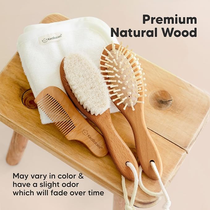 Wooden Baby Hair Brush Set for Newborns, Toddlers -Soft Goat Bristle Baby Brush and Comb Set Newborn Grooming Kit for Cradle Cap Care,Durable & Gentle, Boy,Girl Infant Essentials(Regular, Golden Oak)