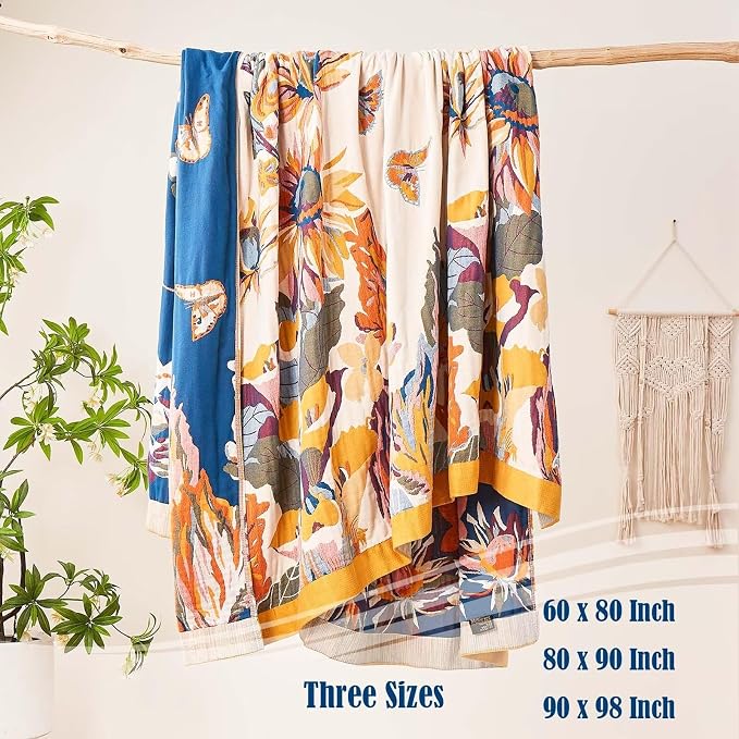 XIBLC Boho Throw Blanket, 100% Cotton Ultra Soft Luxury Throw Rustic Quilt, 80"x90" Floral Bird Butterfly Farmhouse Decor Bed Blankets, All Season Rustic Reversible Bohemian Throw for Bed - Yellow