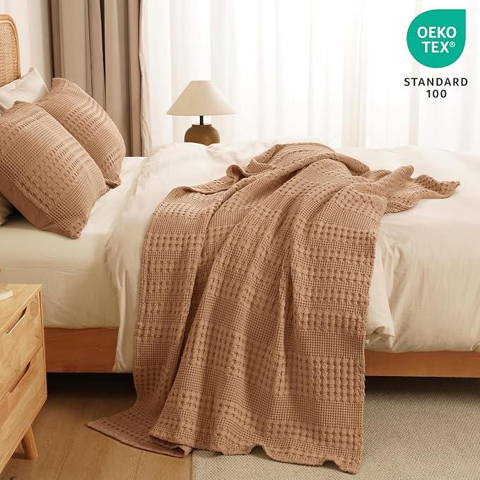 PHF 100% Cotton Waffle Weave Throw Blanket, Lightweight Breathable Summer Blanket for Couch Sofa, Pre-Washed Soft Throws for Bed, Office, Travel & Stylish Home Decor, 50"x60", Clay