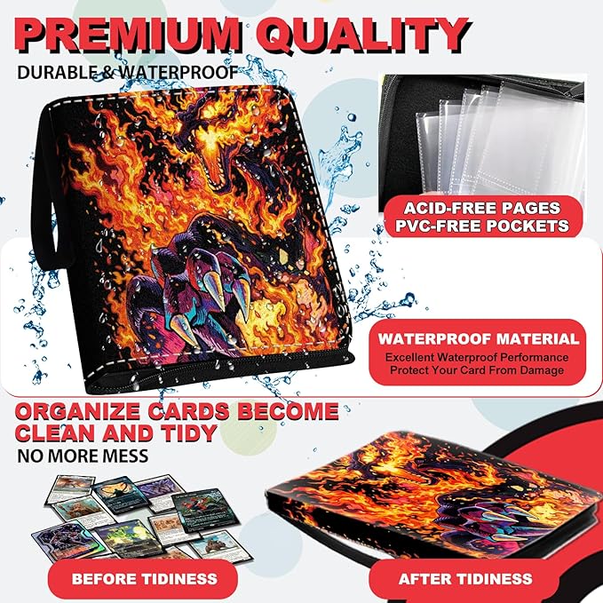 440 Card Binder 4 Pocke 3-Ring Trading Card Binder with 55 Page Removable Sleeves, High Storage Trading Card Holder Collection Card Album Carrying Organizer Case for TCG Cards-Fire Dragon