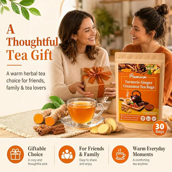 AIGGGO Turmeric Ginger Cinnamon Tea Bags, Digestive Support, 60 Count | 100% natural turmeric, ginger and cinnamon blend for digestive and immune support, no sugar, vegan and gluten-free