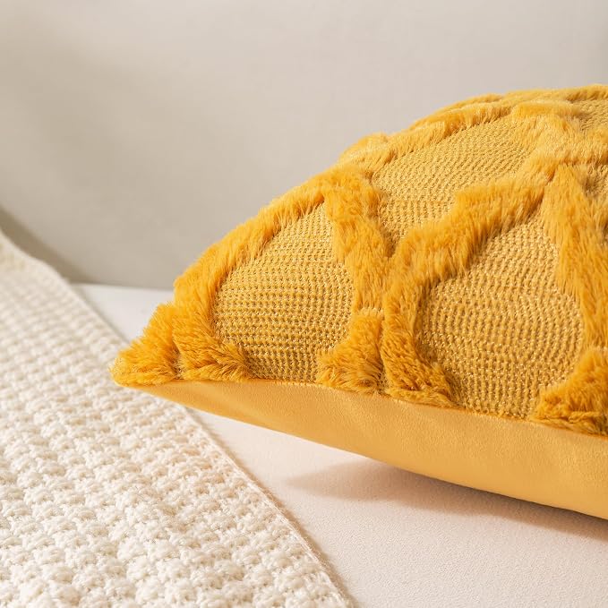 Set of 2 Soft Moroccan Throw Pillow Covers 20x20 Inch Plush Boho Decorative Pillow Cover Accent Cushion Case for Couch Sofa Bed, Mustard Yellow