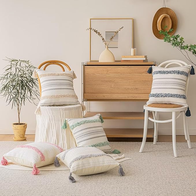 BUIOVBEY Boho Throw Pillow Covers Woven Tufted Pillow Cases with Tassels | Farmhouse Pillow Covers 20x20 Set of 2 Textured Striped Cushion Case Neutral Decorative Pillowcase for Sofa Couch Bed Khaki