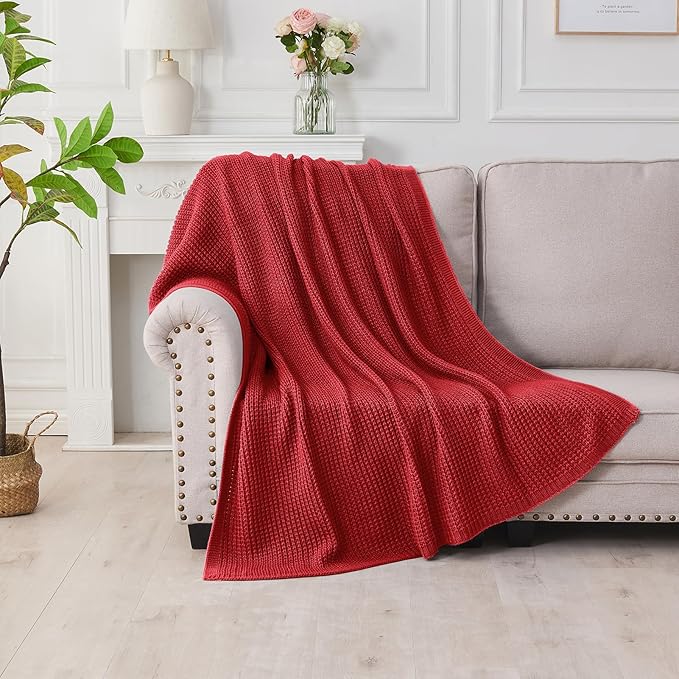 Douceur Christmas Red Throw Blanket for Bed, Soft Chunky Cable Knit Throw Blanket, Classic Fisherman's Rib Stitch Pattern Throw for Living Room,50"X60"