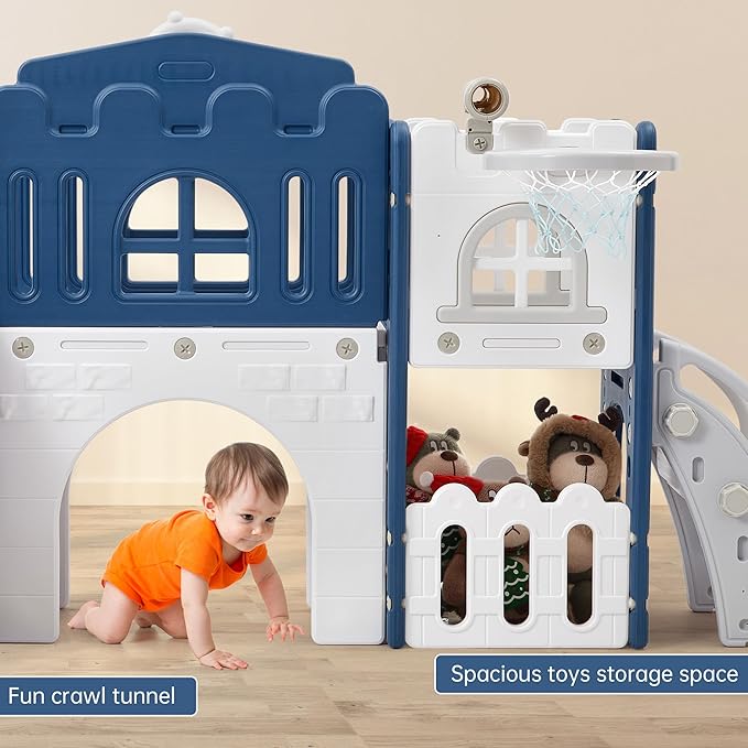 Toddler Slide 8 in 1 Toddler Playset for Toddlers Age 1-3, Baby Playset for Indoor Outdoor Playground with Climber, Crawling Tunnel, Basketball Hoop, Telescope, Toy Storage