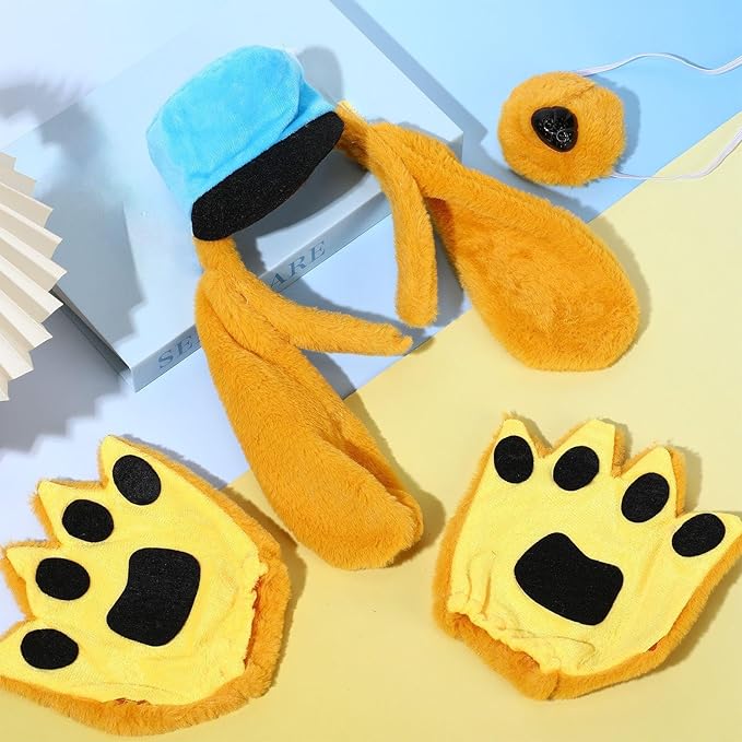3 Pcs Dog Ear Headband Nose Paw Gloves Yellow Puppy Dog Costume Set Animal Police Cartoon Costume Set For Kids Boys Girls