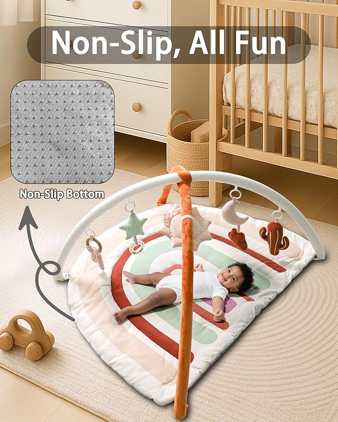 Baby Play Gym & Washable Activity Mat, Non Slip Bottom Tummy Time Mat with 5 Detachable Sensory Toys for Motor Skills, Newborn Infant Baby Essentials Shower Gift(Rainbow)