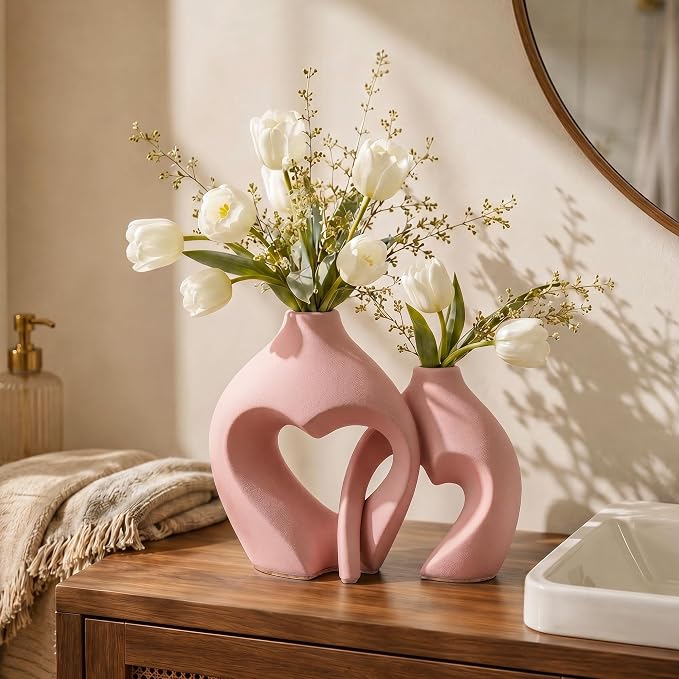 Ceramic Flower Vases Table Decor Heart Shaped Vase Set of 2 Pink | Nordic Heart Shaped Vases Minimalist Decorative Vase for Table Centerpiece Wedding Dining Living Room Office House Decoration