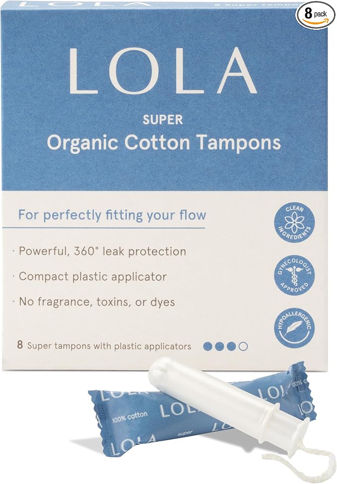 LOLA 100% Organic Cotton Tampons, 8 Count - Super Non-Toxic Tampons, Period Feminine Hygiene Products, HSA FSA Approved Products Feminine Care