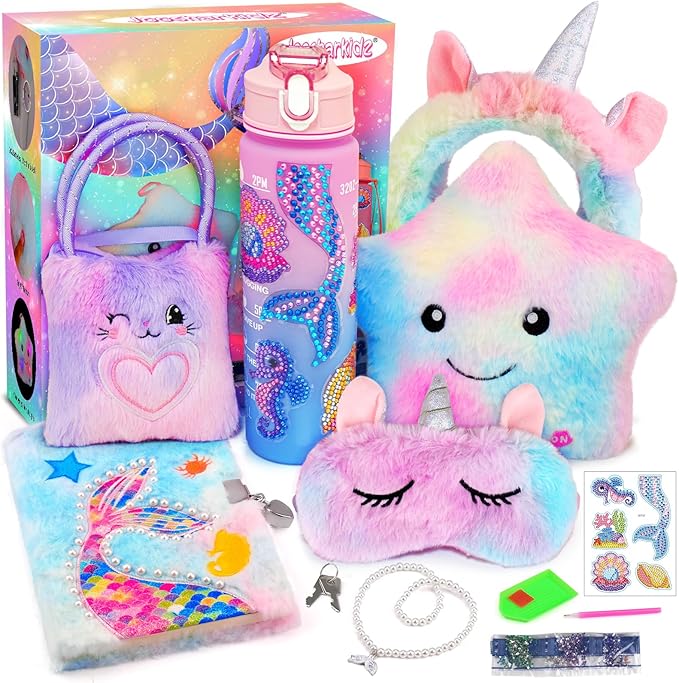 Mermaid Gifts for Girls Age 4-6 6-8, Surprise Toys for Girls Ages 6-7 8-10 with Light Up Star Pillow, Diary, Unicorn Headband & Sleep Mask, Birthday Gifts for 4 5 6 7 8 9 10 Year Old Girl Xmas Gift