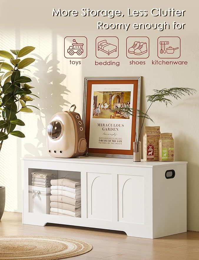 Storage Chest, Wooden Toy Box, White 47.2" L | Entryway Shoe Bench, 2 Soft-close Hinges, Finger-safe Flip-Top Lid, Easy Assembly, Farmhouse Large Trunk, Living Room/Bedroom