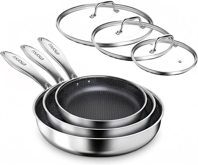 imarku 8, 10 and 12-Inch Non Stick Frying Pans with Lids, Ceramic Coating | 6-Piece Stainless Steel Cookware Set for Home Cooking, Dishwasher Friendly, Oven Safe, Induction Ready, for Men and Women
