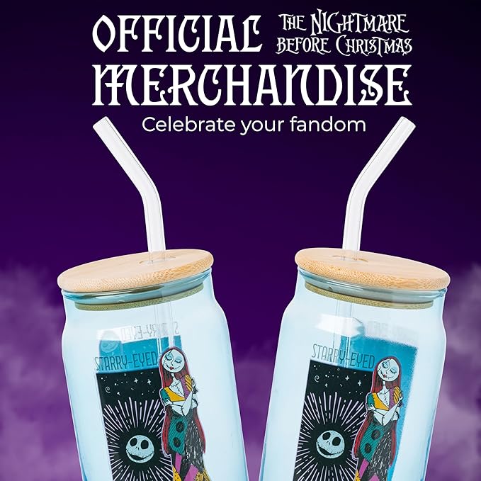 Silver Buffalo Disney Nightmare Before Christmas Starry-Eyed Featuring Jack Skellington and Sally Blue Glass Jar Tumbler with Bamboo Lid and Glass Straw, 16 Ounces