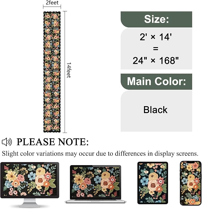 DUKINO 2x8 Washable Runner Rug, Floral Non Slip Kitchen Runner Rug, Black | Low Pile, Soft, Floral Throw Rug Runner for Hallway, Entryway, Bedroom, Bathroom, Pet Friendly, Stain Resistant, Home Decor