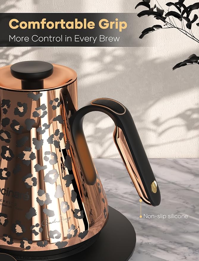 Cocinare Artisan Collection Gooseneck Electric Kettle, ±0.5℉ Precise Temperature Control for Pour-Over Coffee & Tea, Quick Heating 1500W, Stainless Steel Interior, 0.9L (Wild Gold)