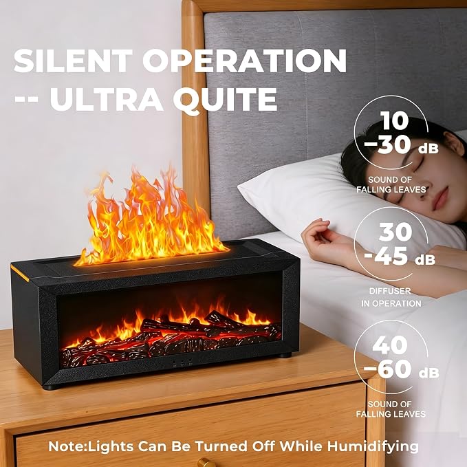 Fireplace Flame Essential Oil Diffuser, 7-Color LED Ultrasonic Aromatherapy Humidifier, 150ml, Cool Mist, with Remote Control and Timer, for Home Bedroom Office Yoga (Black)