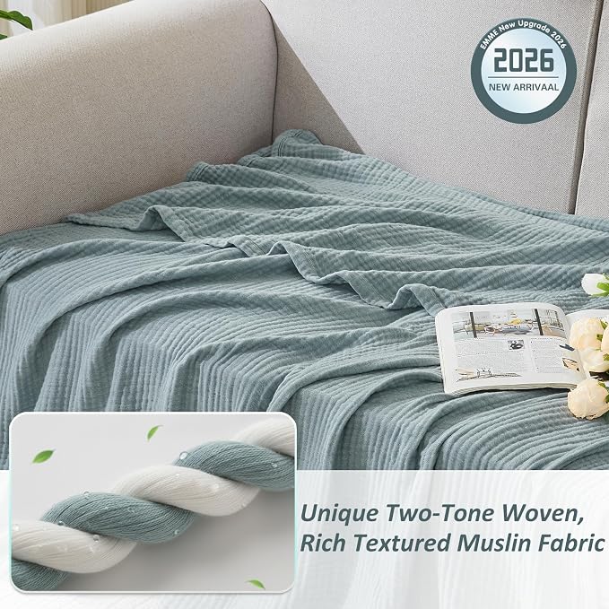 EMME Cotton Muslin King Blanket Bed Layering Bedspread Coverlet Breathable Gauze Blanket Soft Lightweight (Heather Teal, 108"x90")