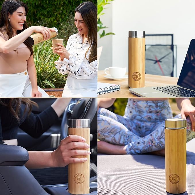 LeafLife Premium Bamboo 22oz Tea Bottle – Infuser Bottle – Insulated Coffee & Beverage Tumbler – Gift Set & Accessories